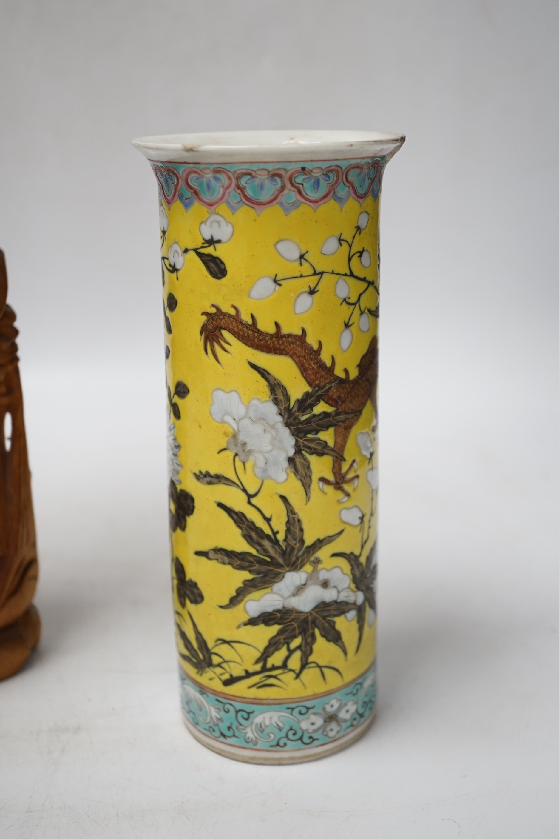 A Chinese carved wood figure of Shou Lao and a Chinese 'dragon' vase, largest 39cm high